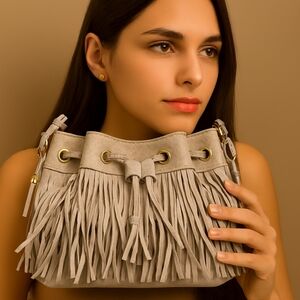 Grey Leather Fringe Drawstring Handbag by Samantha Vega – Magnetic Closure Bag